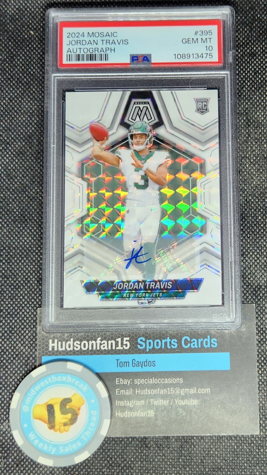 Jordan Travis 2024 Panini Mosaic #395 Rookie Mosaic Auto PSA 10 Gem Mint Jets