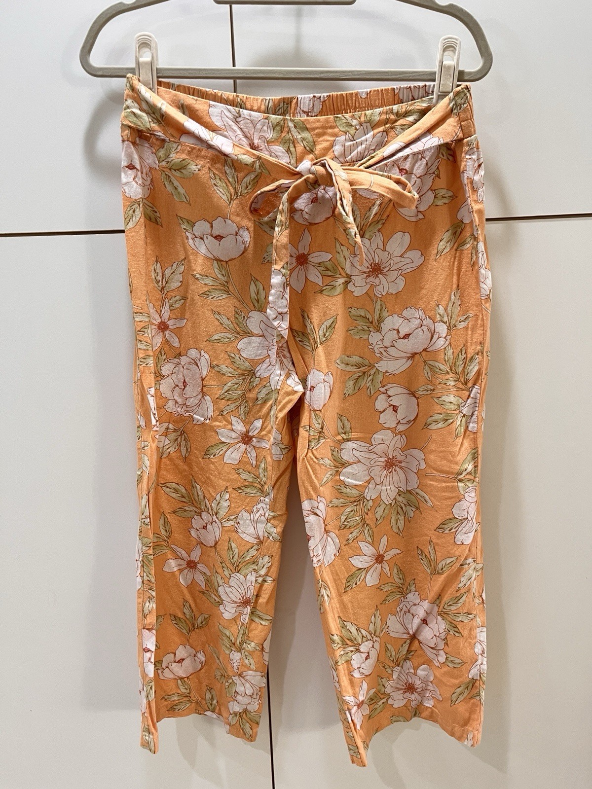 Blue Sol Linen Blend Soft Orange Tropical Print Capri Pants Size Medium