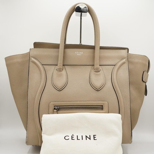 CELINE Luggage Medium Shopper Beige Leather Tote Bag Dust Bag Authentic