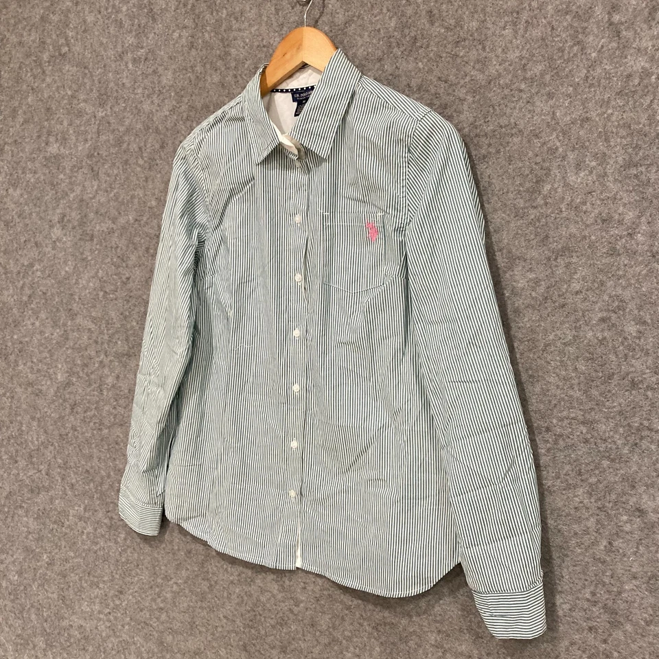 Женская рубашка US Polo Assn размер средний зеленый белый в полоску на пуговицах с длинным рукавом - Изображение 2 из 4