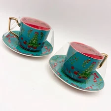 Christmas Tree Teacup Saucer Set Turquoise Pink Gold Holiday Festive Gift