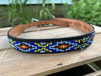 Silver Creek Soutwestern Black Leather Beaded Belt Geometric Pattern Size 28