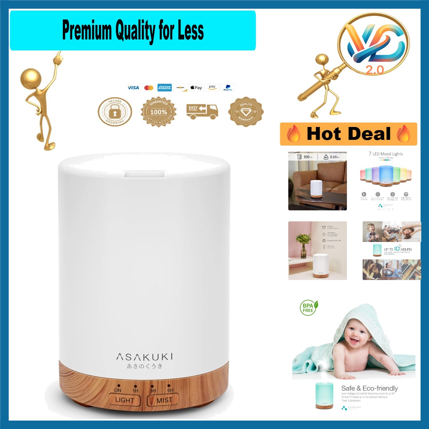 Essential Oil Diffuser 300ml Ultrasonic Humidifier – Auto Shutoff, 7 LED Colo...-image