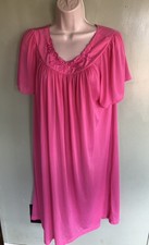 Shadowline Size L Fushia Pink Nylon Lace Long Nightgown Vintage Roses Babydoll