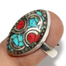 Tibetan Turquoise Red Coral Nepali Tribal Ring Us FreeSize" Aesthetic MJ