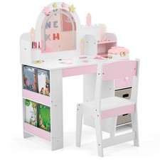 Kids Gift Vanity Makeup Table Girls Dressing Table Set with Mirror and Stool