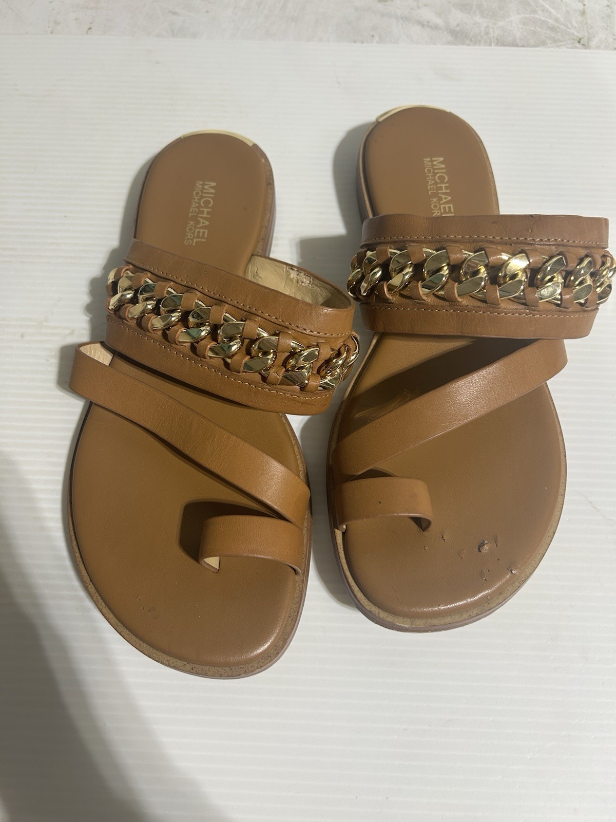 MICHAEL KORS Women's BERGEN Mini MK Logo Print Leather Sandal Sz 6 Small Rips