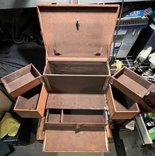 Antique Leather & Wood Sewing Box 19th Century Fabric Lined Fold Out Drawer Case