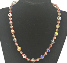 Colorful Handmade Italian Millefiori Murano Glass Bead Necklace 16"L Boho Hippie
