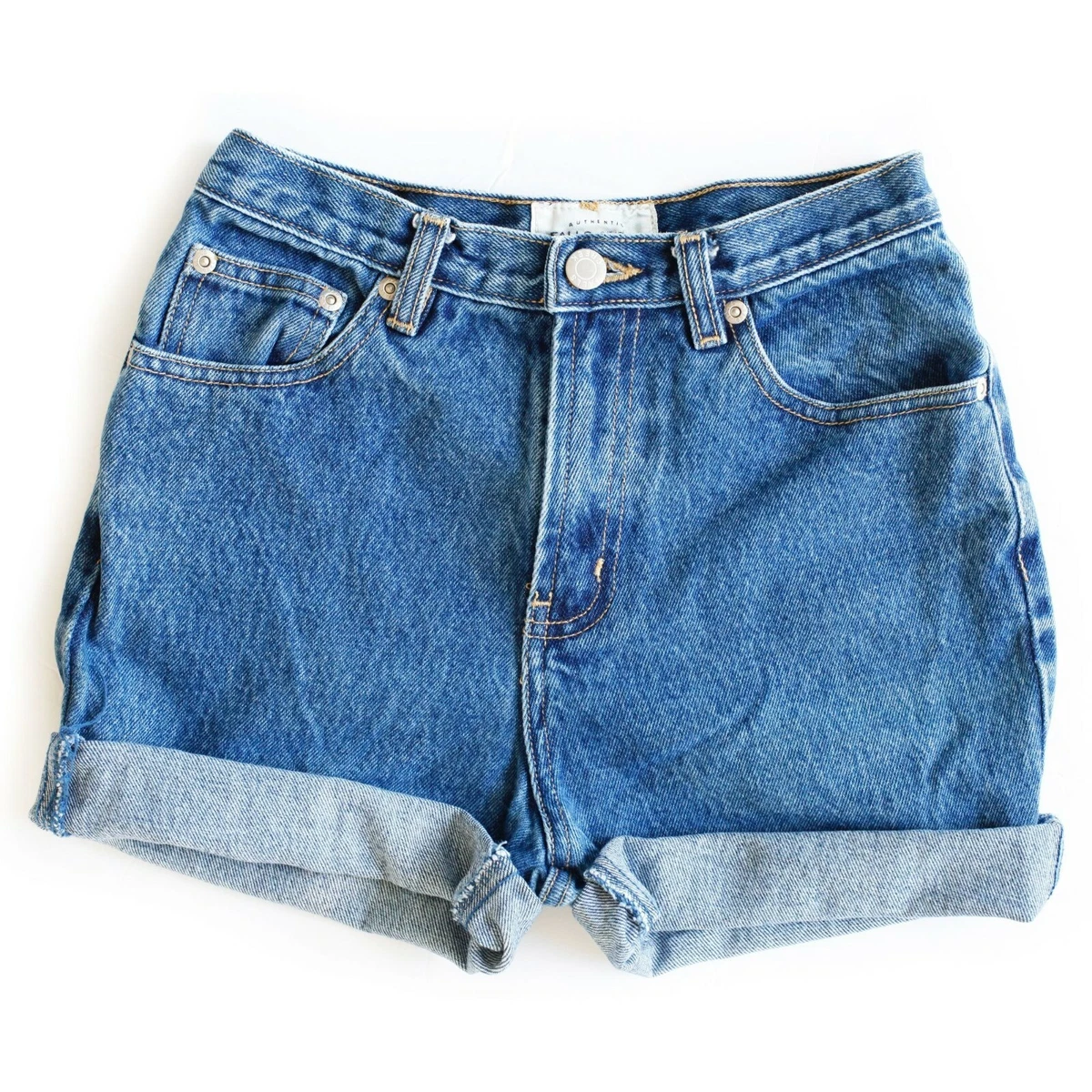 Vintage Medium Blue Wash High Waisted Rise Cuffed Denim Jean Shorts - 23