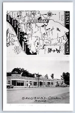 Postcard ME Galushas Motel & Amoco Service Gas Station In Clinton Maine Map AX3