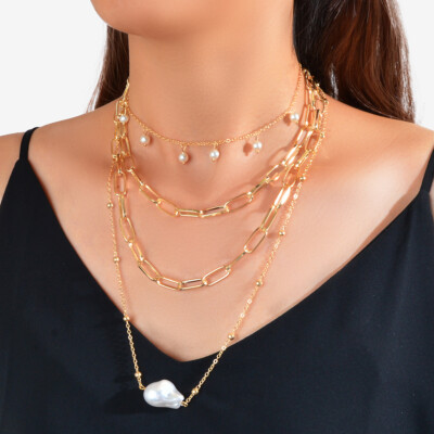 Gorgeous Multi-Layered Chunky Chain Pearl Pendant Necklace Exquisite Jewellery