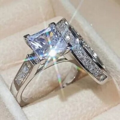 Princess Cut Art Deco Lab Created Diamond Wedding Engagement 925 Silver Ring Set