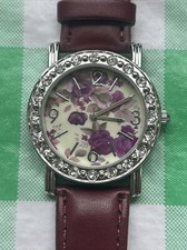 Women's Quartz Watch Floral Dial Rhinestone Bezel Maroon Band