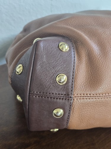 Michael Kors Pebbled Leather Hobo Handbag Womens Walnut Brown Gold Large - Picture 12 of 18