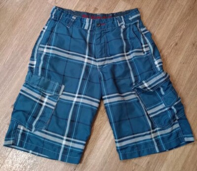Plugg Cargo Shorts Mens 31 Blue Plaid Utility Lightweight Stretch Fit Waistband