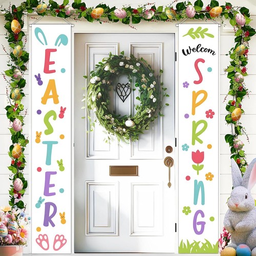 Easter Spring Decorations Colorful Bunnies Flowers Door Banner Porch Sign 12x72" - Picture 9 of 12