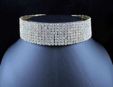 AUSTRIAN CLEAR RHINESTONE CRYSTAL CHOKER NECKLACE PARTY YELLOW GOLD TONE 8 ROW