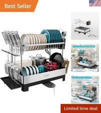 Estante de secado de platos de 2 niveles, estante para platos extra grande, multifuncional para platos grandes Dr...