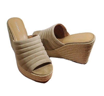 Lisa Vicky Gogo 10M Quilted 4'' Heel Leather Espadrille Wedge Sandals Beige 