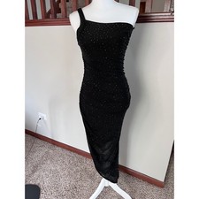 Windsor Black One Shoulder Rhinestone Ruched Bodycon Midi Dress Womens Small