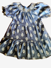Old Navy Puff Sleeve Smocked Embroidered Tiered Chambray  Dress Pockets SZ SM