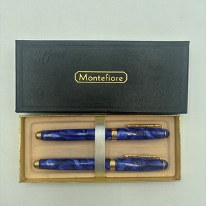 2 Montefiore Blue Marble Pens Set of 1 ROLLERBALL 1 FOUNTAIN NEED REFILLED