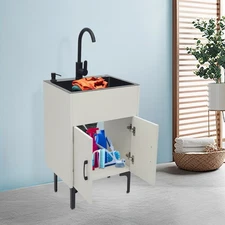 Kitchen White Utility Sink with Cabinet Laundry Stainless Steel Sink with Faucet