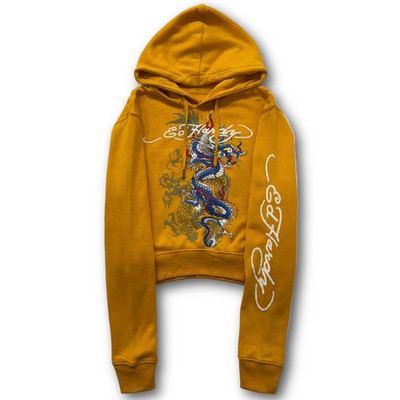 ED HARDY  Dragon  GOLDEN YELLOW CROPPED PULLOVER HOODIE