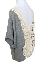 LOVE NOTES Anthropologie Gray Slub Knit Boxy Cropped Top With Lace Back L Or XL