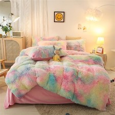 Faux Fur Plush Comforter Set Full Size - Rainbow Fluffy Fuzzy Shaggy Bedding ...