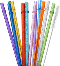 ALINK 12-Pack Glitter Reusable Clear Plastic Straws, 11" Long Hard Tumbler Repla