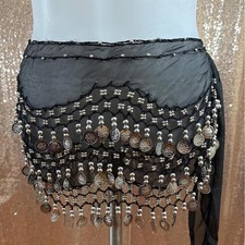 Black Belly Dance Hip Scarf Wrap Skirt Silver Coins Beads Festival/One Size