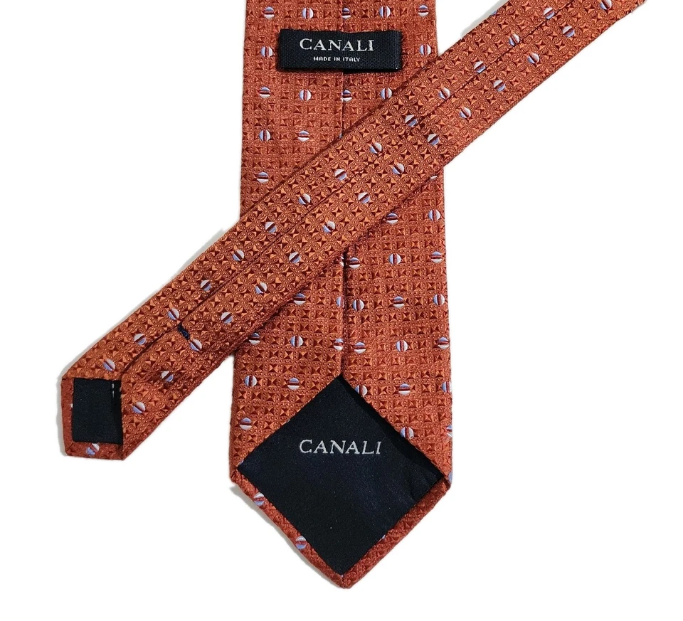 Corbata Jacquard Seda Canali Naranja Geométrica Lunares Tejida Hecha en Italia 3.5"x60" Foto 4 de 4