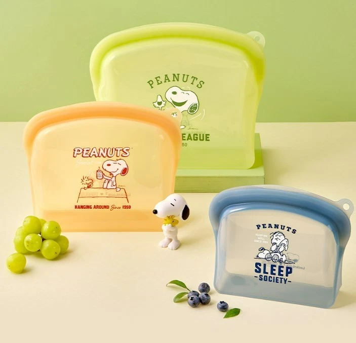 LocknLock Snoopy Silicone Food Storage Bag Set Reusable Zip Bag Peanuts Korea 3P