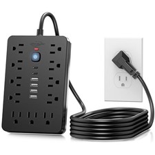 Flat Plug Surge Protector Power Strip,11 Multiple AC Outlets with 6 6 FT Black