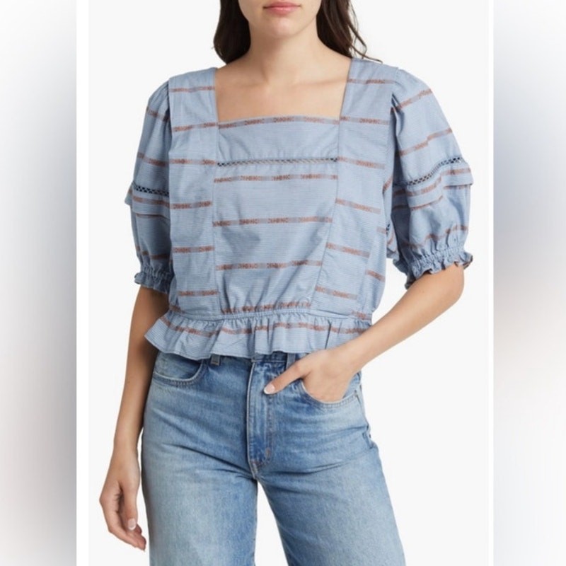 Treasure & Bond blue white striped embroidered puff sleeve peasant blouse size S