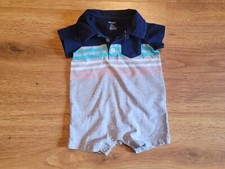 Carter  s Short Sleeves One Piece Outfit Gray Navy Stripe Romper Boys Size 6 mon