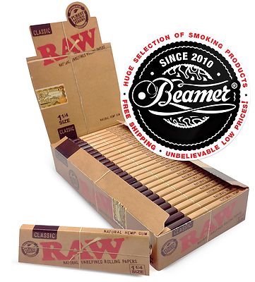 24 RAW Classic Hemp Gum Vegan Rolling Papers Full Box Natural Paper 1 1/4 Size