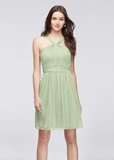 David's Bridal Y-Neck Mesh Short Bridesmaid Dress in Meadow