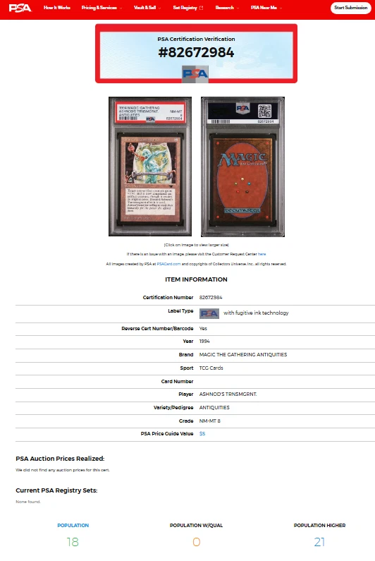 1994 MTG Magic the Gathering Antiquities Ashnod's Transmogrant WOTC PSA 8 NM-MT - Image 3 of 4