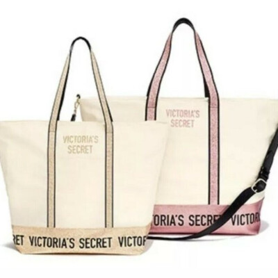 2 VICTORIAS SECRET TOTE BOOK BEACH GYM SHOPPING BAG GOLD PINK CANVAS LOGO NWT