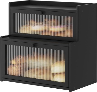 Double Layer Bamboo Bread Box for Kitchen Counter, Countertop Bread Storage with