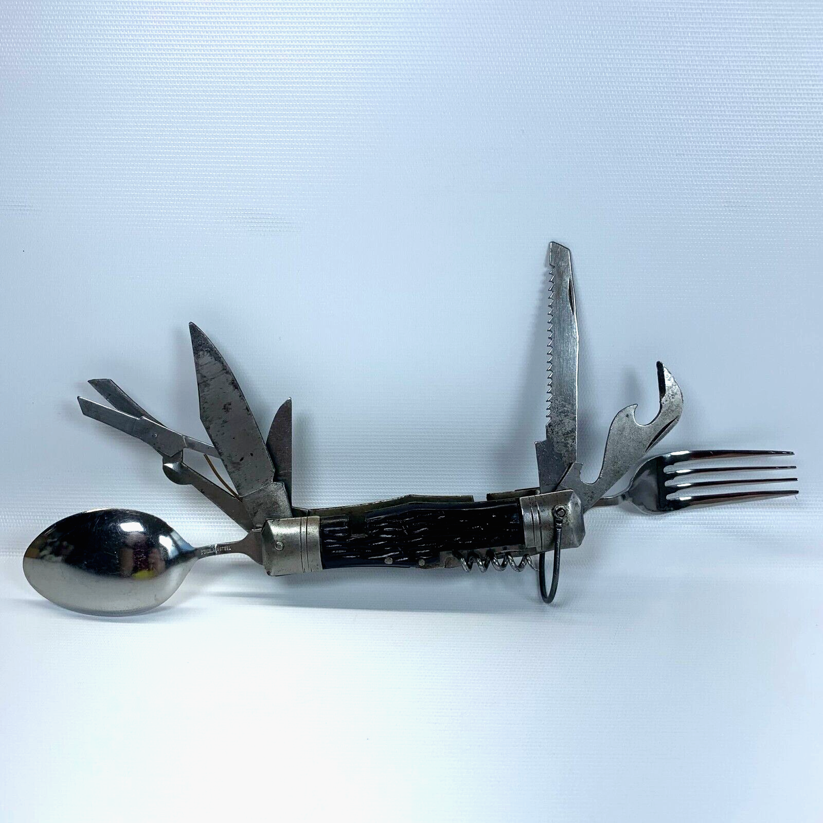 Vintage Pocket Folding Multi Tools Stainless Steel Spoon Fork Cork Screw Knife