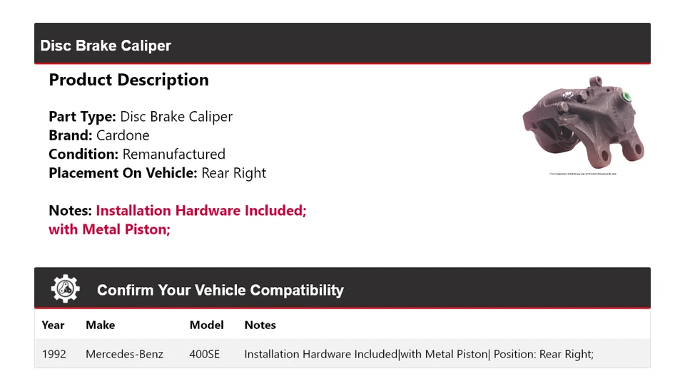 Pinza de freno de disco trasera derecha cardone para Mercedes-Benz 400SE 1992 Foto 2 de 4