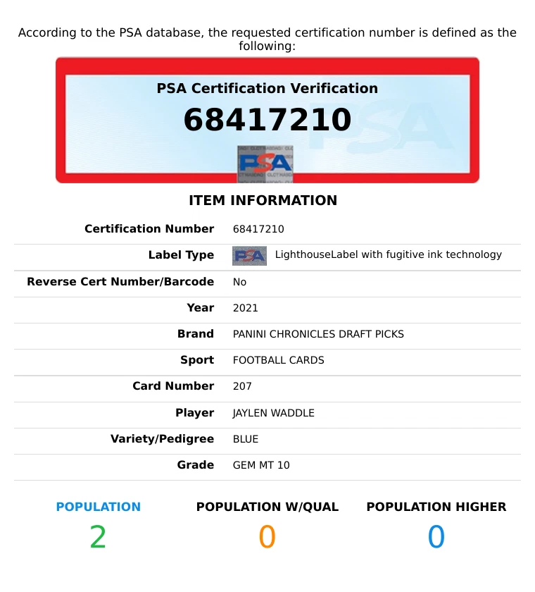 2021 PANINI CHRONICLES DP JAYLEN WADDLE #207 BLUE 66 OF 99 POP 2! RC PSA 10 - Image 3 of 3
