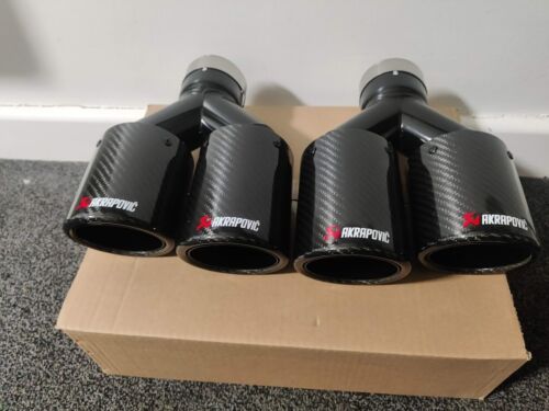 GLOSS BLACK CARBON FIBRE AKRAPOVIC EXHAUST TIPS 2 X 3.5” TWIN Y PIECE STAGGERED - Picture 6 of 10