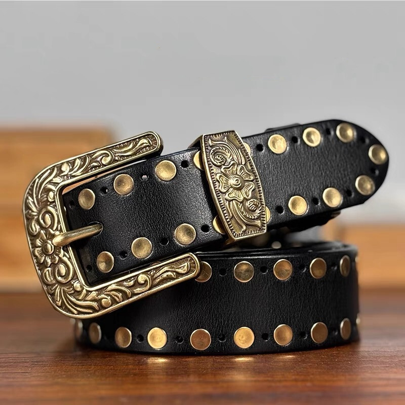 Real Leather Waist Belt Heavy Metal Gold Rivet Studded  display picture 2