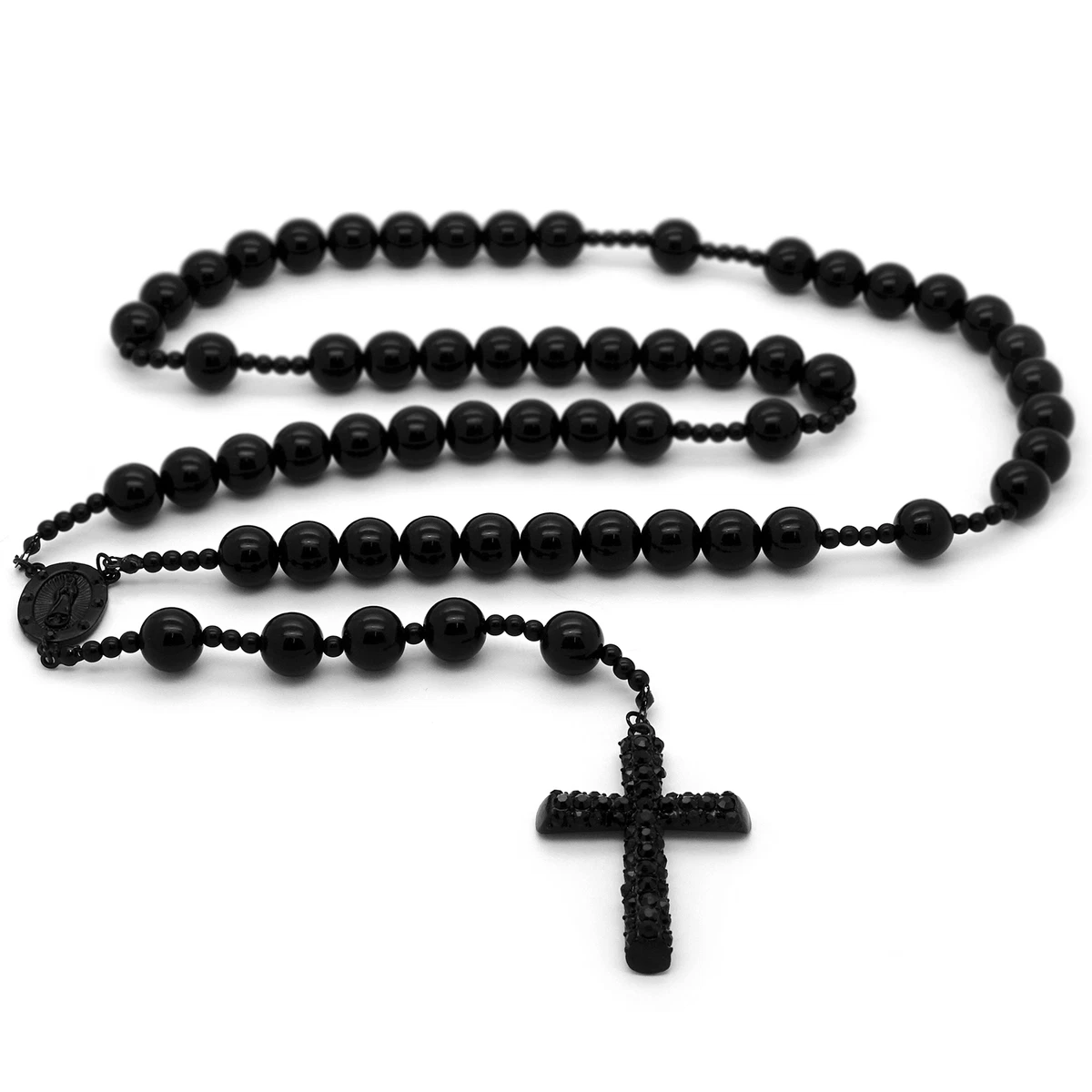 Men's Hip Hop 15mm MATTE BLACK Beads Guadalupe Rosary & Jesus Cross  Necklace BK