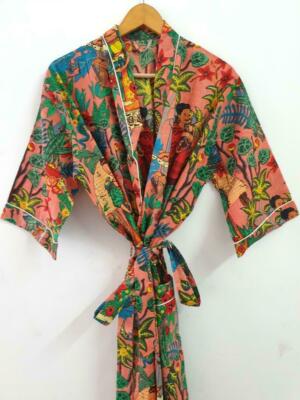 Indian Cotton Frida Kahlo Print Long Kimono Nightwear Bath Robe Gown Maxi Dress